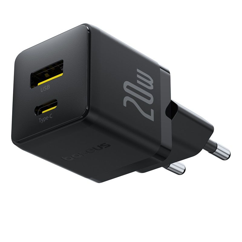 Мережевий зарядний пристрій Baseus Palm Fast Charger C+U 20W EU Cluster Black (with Baseus Mini White Cable USB-C to USB-C 60W (20V/3A) 1m Cluster Bla