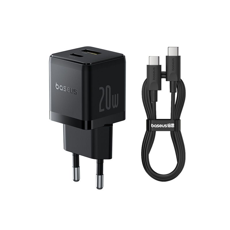 Мережевий зарядний пристрій Baseus Palm Fast Charger C+U 20W EU Cluster Black (with Baseus Mini White Cable USB-C to USB-C 60W (20V/3A) 1m Cluster Bla