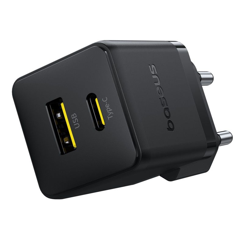 Мережевий зарядний пристрій Baseus Palm Fast Charger C+U 20W EU Cluster Black (with Baseus Mini White Cable USB-C to USB-C 60W (20V/3A) 1m Cluster Bla