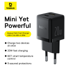 Мережевий зарядний пристрій Baseus Palm Fast Charger C+U 20W EU Cluster Black (with Baseus Mini White Cable USB-C to USB-C 60W (20V/3A) 1m Cluster Bla