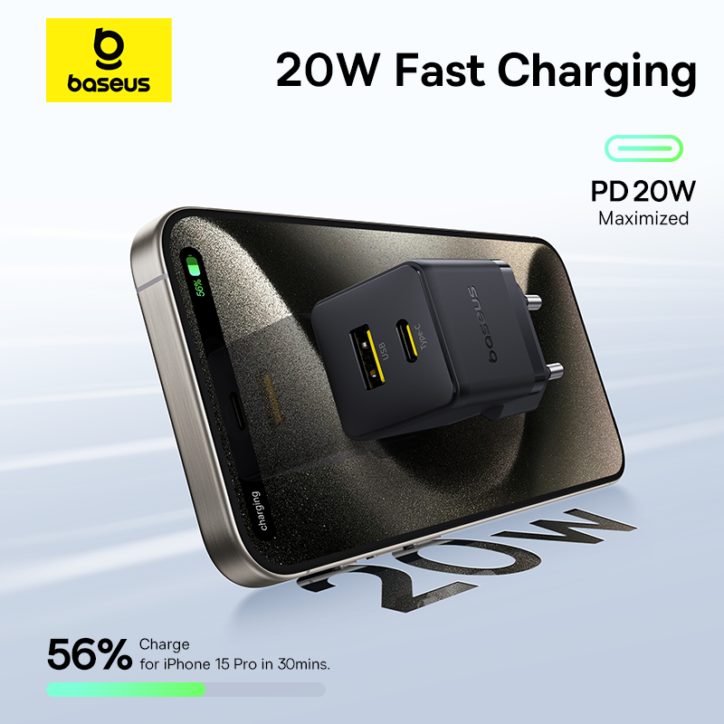 Мережевий зарядний пристрій Baseus Palm Fast Charger C+U 20W EU Cluster Black (with Baseus Mini White Cable USB-C to USB-C 60W (20V/3A) 1m Cluster Bla