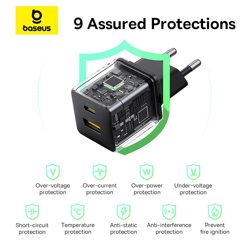 Мережевий зарядний пристрій Baseus Palm Fast Charger C+U 20W EU Cluster Black (with Baseus Mini White Cable USB-C to USB-C 60W (20V/3A) 1m Cluster Bla