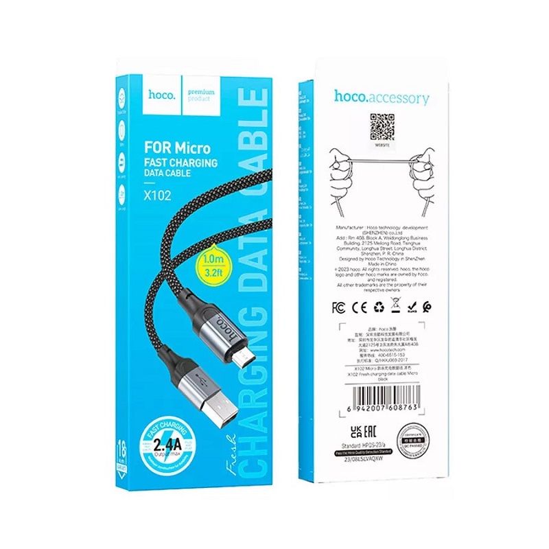 Кабель HOCO X102 USB to Micro 2.4A, 1m, nylon, aluminum connectors, Black