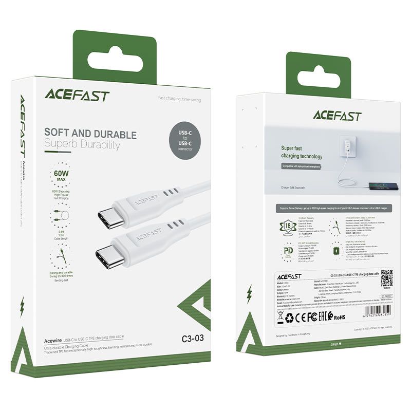 Кабель ACEFAST C3-03 Type-C to Type-C 3A, 60W, 1.2m, TPE, TPE connectors, White