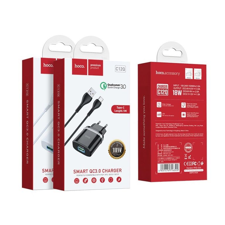 Мережевий зарядний пристрій з кабелем HOCO C12Q Smart QC3.0 charger set(Type-C) 18W Black
