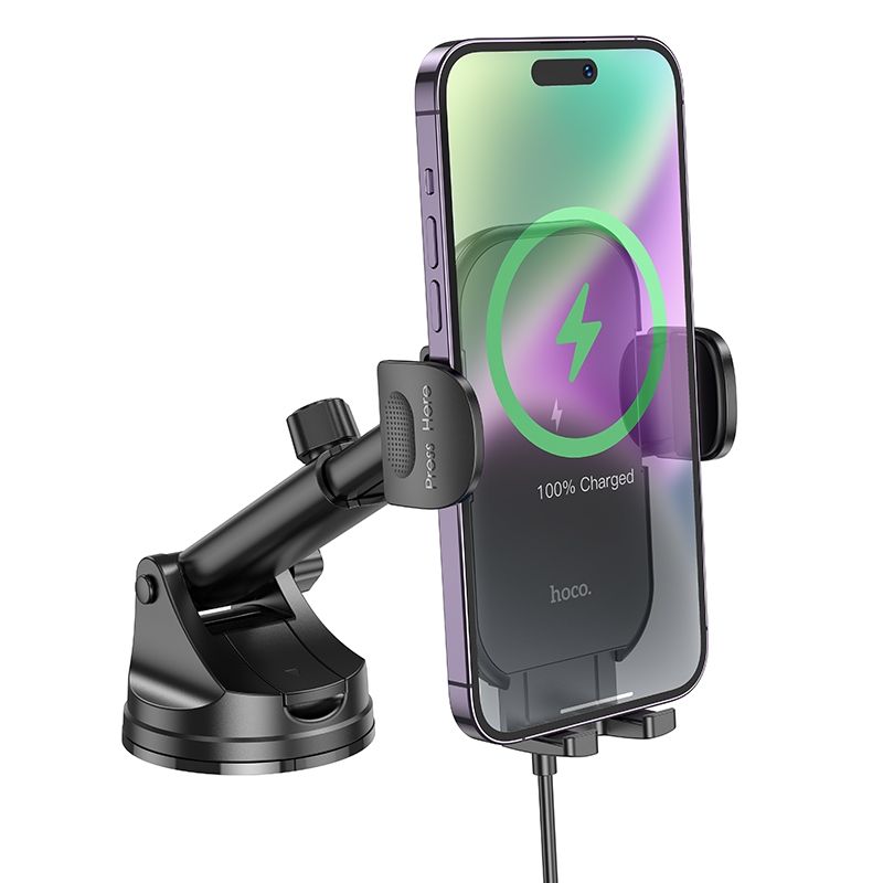 Автотримач для телефона з БЗП HOCO HW5 Journey wireless fast charging car holder(center console) Black