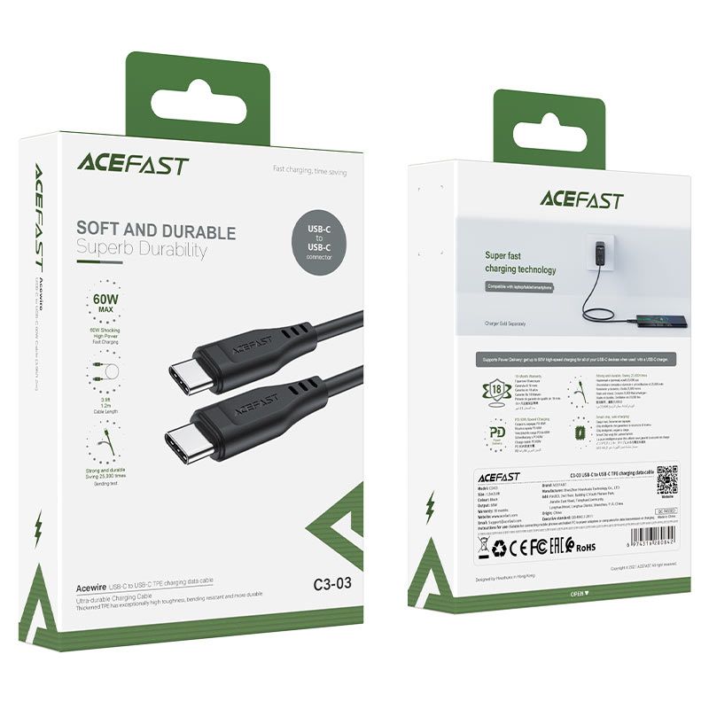 Кабель ACEFAST C3-03 Type-C to Type-C 3A, 60W, 1.2m, TPE, TPE connectors, Black