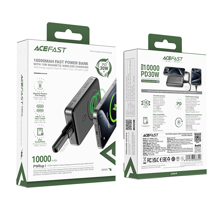Зовнішній акумулятор ACEFAST M10-10000 PD30W magnetic wireless charging power bank with cable Black