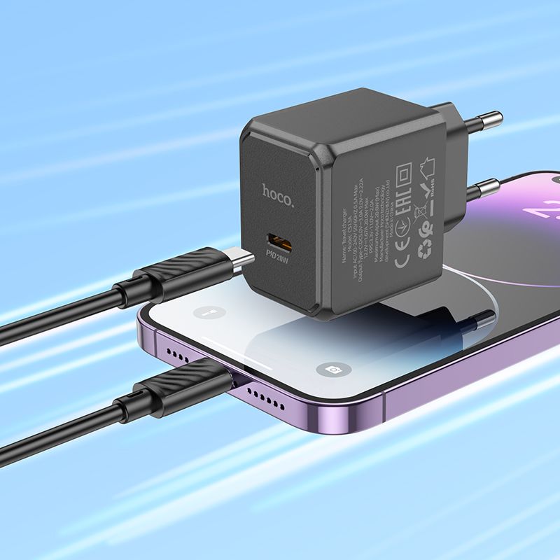 Мережевий зарядний пристрій з кабелем HOCO CS13A Ocean single port PD20W charger set(C to iP) Black