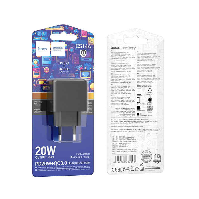 Мережевий зарядний пристрій HOCO CS14A Ocean PD20W+QC3.0 charger Black