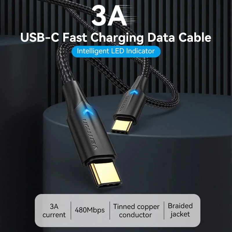 Кабель Vention Nylon Braided USB 2.0 C Male to C Male 3A Cable 2M Black LED Type (TAUBH)