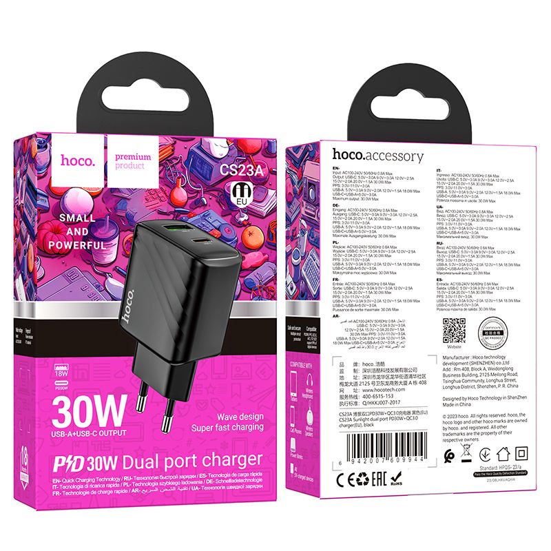 Мережевий зарядний пристрій HOCO CS23A Sunlight dual port PD30W+QC3.0 charger Black