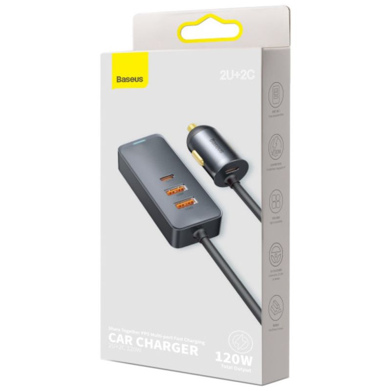 Автомобільний зарядний пристрій Baseus Share Together PPS multi-port Fast charging with extension cord 120W 2U+2C Gray