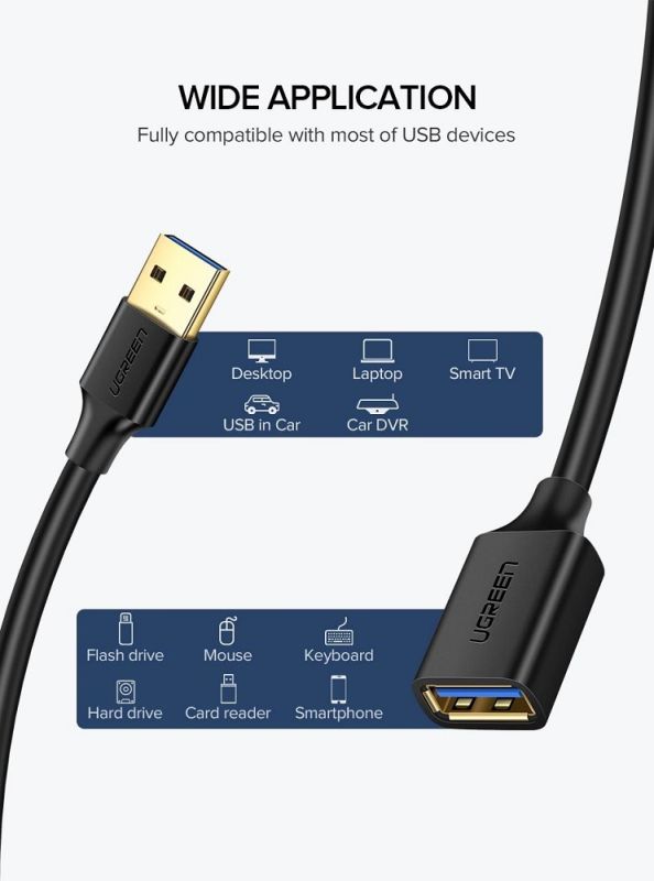 Подовжувач UGREEN US129 USB 3.0 Extension Male Cable 2m (Black) (UGR-10373)