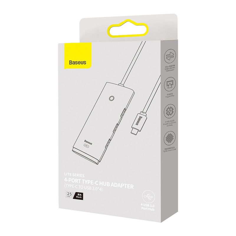 USB-хаб Baseus Lite Series 4-Port Type-C HUB Adapter (Type-C to USB 3.0*4) 25cm Black
