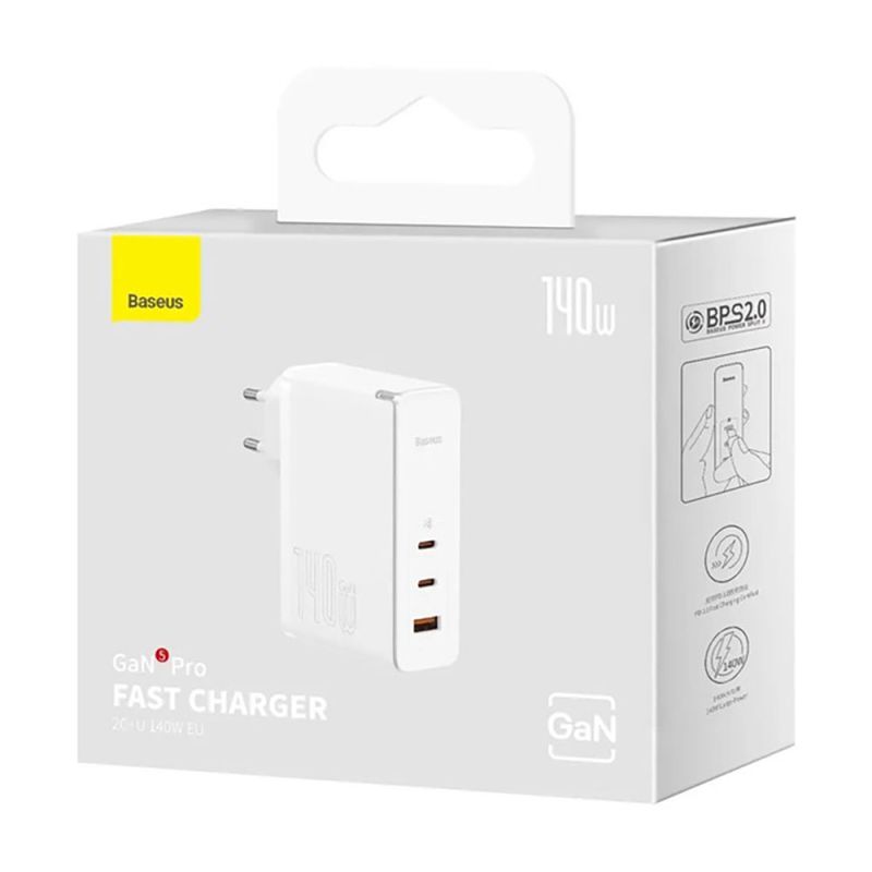 Мережевий зарядний пристрій з кабелем Baseus GaN5 Pro Fast Charger 2C+U 140W EU White (Superior Series Charging Data Cable Type-C 240W