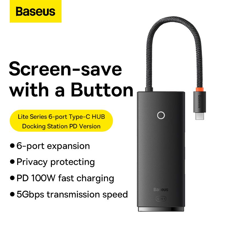 USB-хаб Baseus Lite Series 6-Port Type-C HUB Docking Station (Type-C to HDMI+USB3.0*2+PD+SD/TF) Black