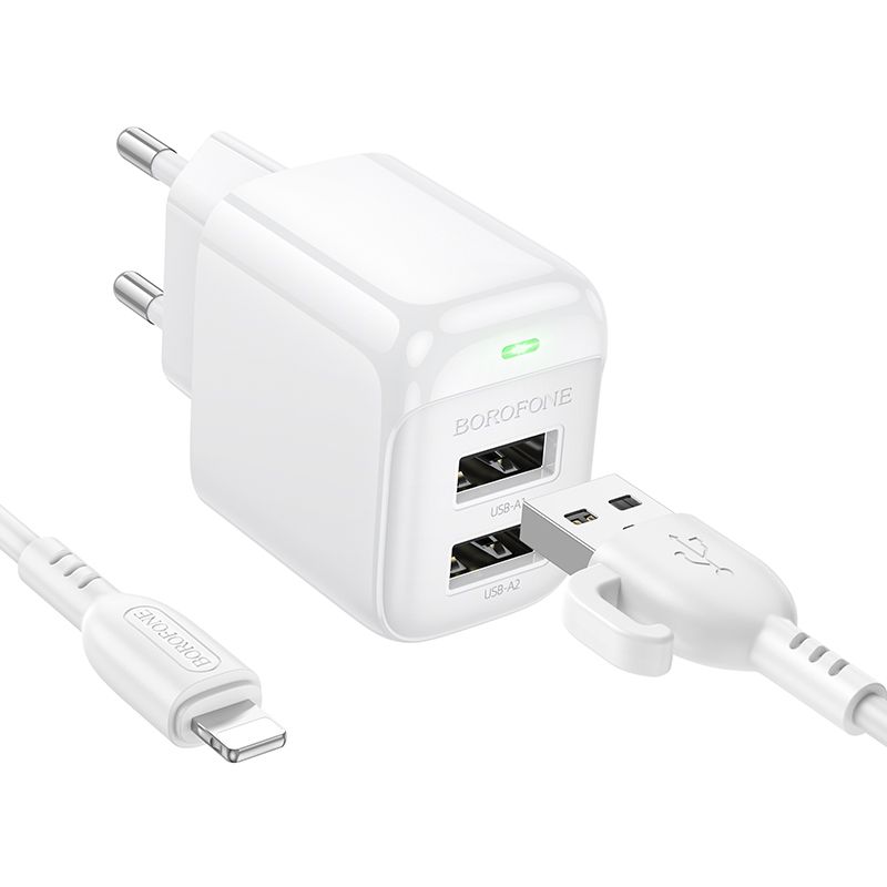 Мережевий зарядний пристрій з кабелем BOROFONE BAS41A Potential dual-port charger set(iP) White