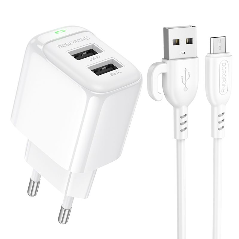 Мережевий зарядний пристрій з кабелем BOROFONE BAS41A Potential dual-port charger set(Micro) White