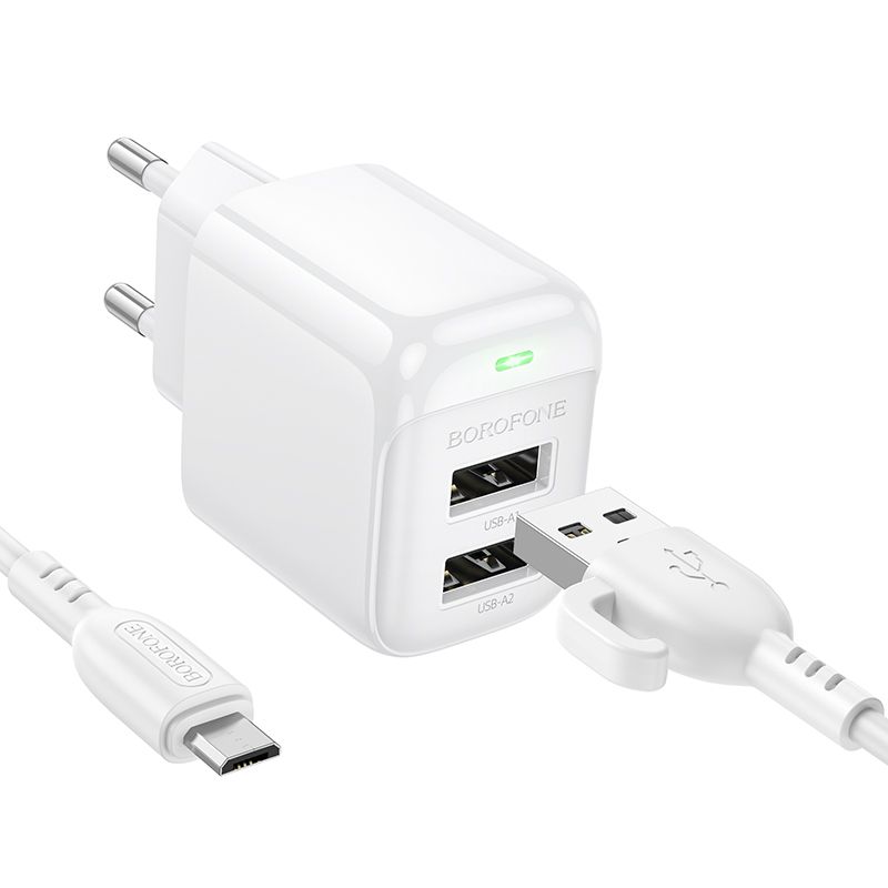 Мережевий зарядний пристрій з кабелем BOROFONE BAS41A Potential dual-port charger set(Micro) White