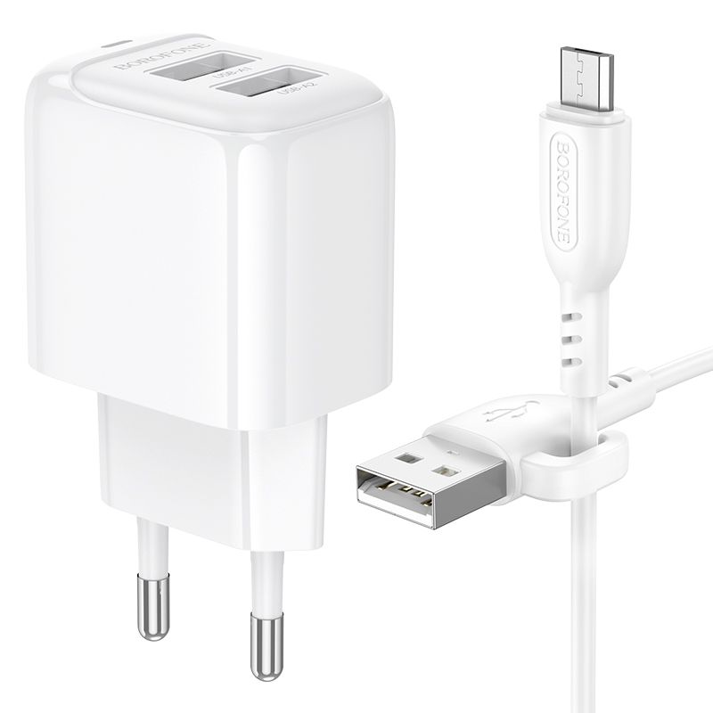 Мережевий зарядний пристрій з кабелем BOROFONE BAS41A Potential dual-port charger set(Micro) White