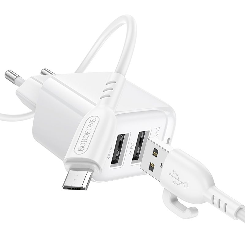 Мережевий зарядний пристрій з кабелем BOROFONE BAS41A Potential dual-port charger set(Micro) White