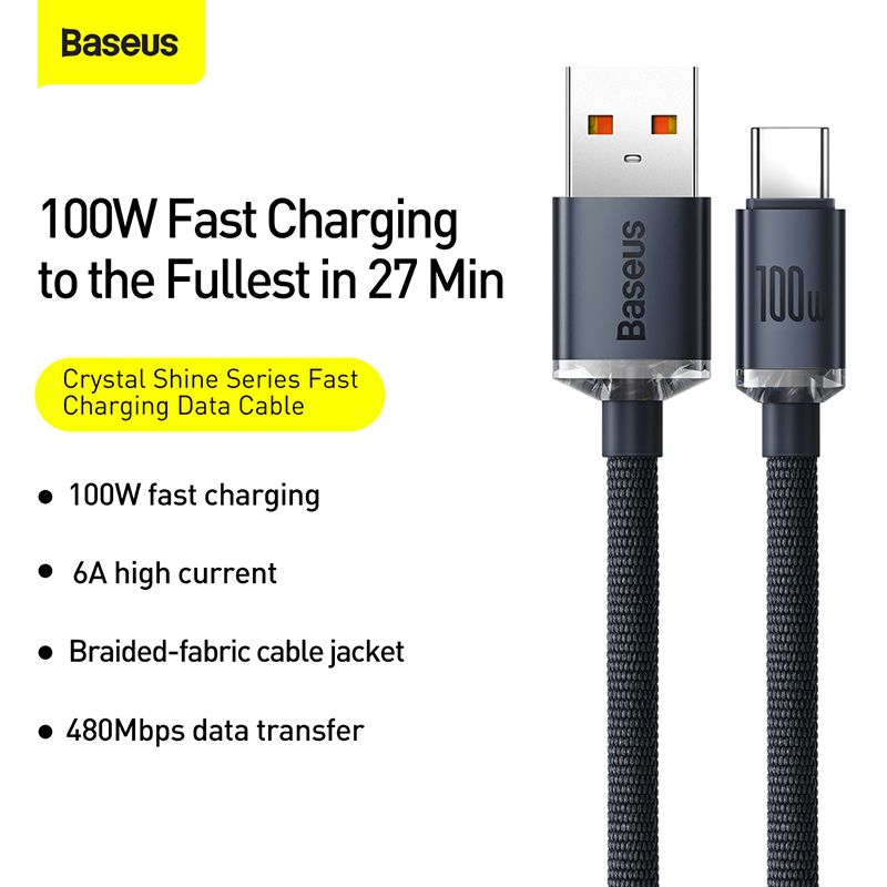 Кабель Baseus Crystal Shine Series Fast Charging Data Cable USB to Type-C 100W 2m Black