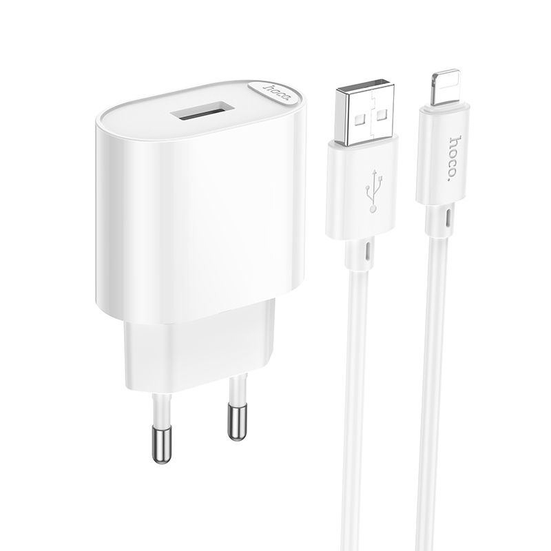 Мережевий зарядний пристрій з кабелем HOCO C109A(10.5W) Fighter single port charger set(iP) White