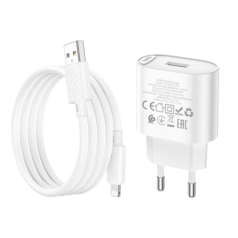 Мережевий зарядний пристрій з кабелем HOCO C109A(10.5W) Fighter single port charger set(iP) White