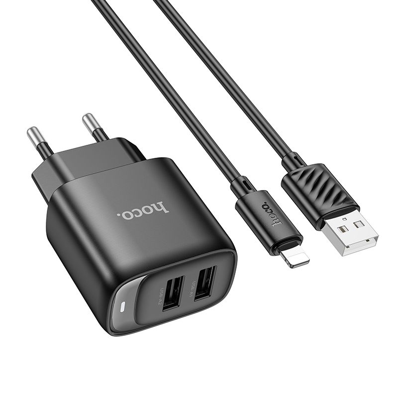 Мережевий зарядний пристрій з кабелем HOCO C141A Smart dual-port charger set(iP) Black