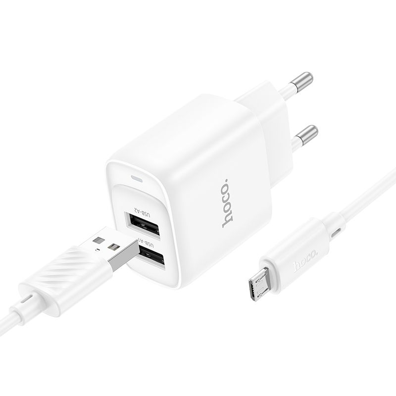Мережевий зарядний пристрій з кабелем HOCO C141A Smart dual-port charger set(Micro) White