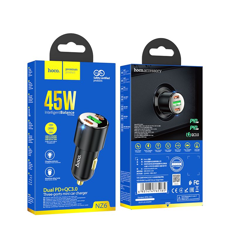 Автомобільний зарядний пристрій HOCO NZ6 PD45W 3-port(2C1A) car charger Black