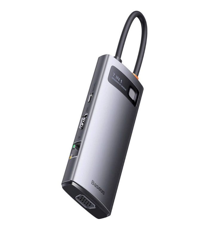USB-хаб Baseus Metal Gleam Series 7-in-1 Multifunctional Type-C HUB Docking Station Gray （Type-C to HDMI*1+USB3.0*3+PD*1+VGA*1+RJ45*1）