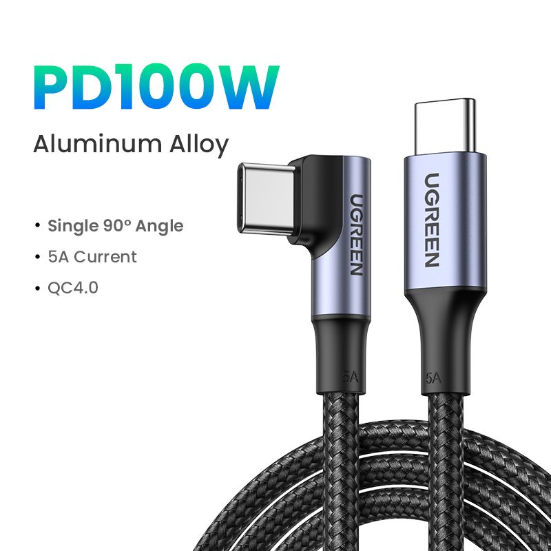 Кабель UGREEN US334 USB-C to USB-C PD Fast Charging 90 Degree Cable 5A Max Black 2m