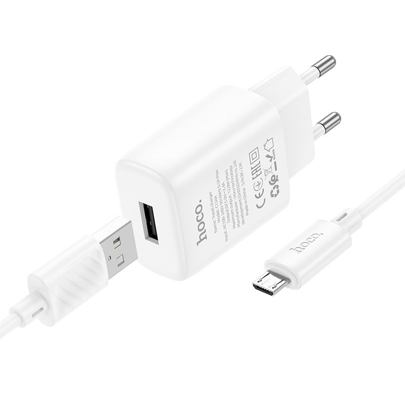 Мережевий зарядний пристрій з кабелем HOCO C134A Solid single-port charger set(Micro) White