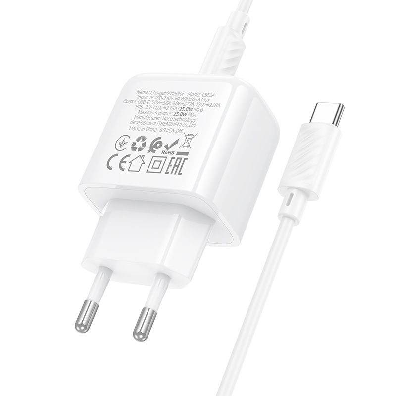 Мережевий зарядний пристрій з кабелем HOCO CS53A Surplus single port PD25W charger set(C to C) White