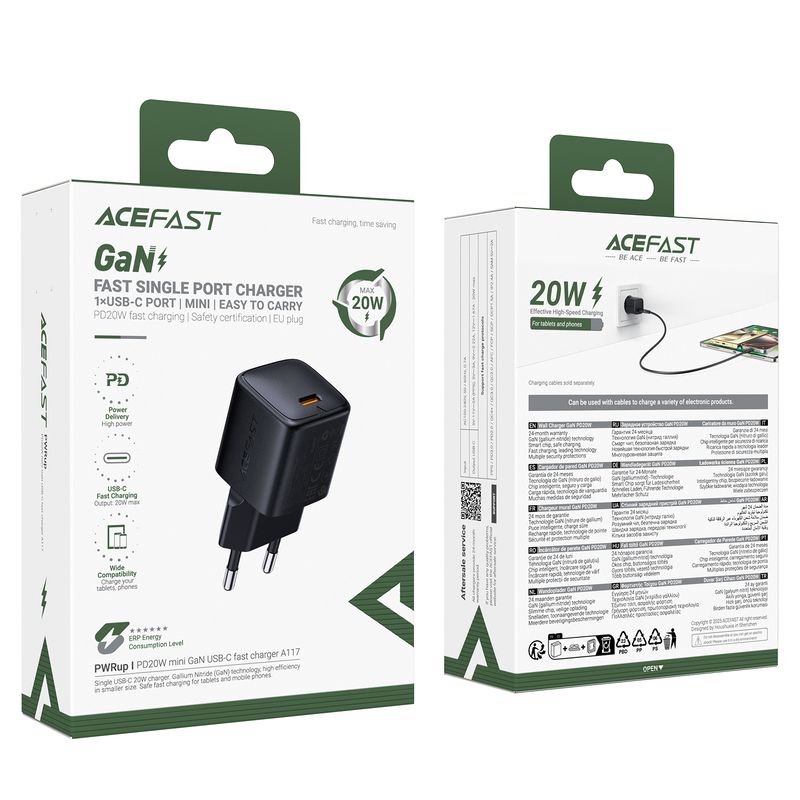 Мережевий зарядний пристрій ACEFAST A117 PD20W mini GaN USB-C fast charger Black