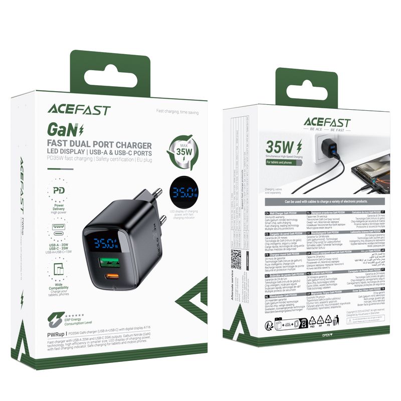 Мережевий зарядний пристрій ACEFAST A116 PD35W GaN charger (USB-A+USB-C) with digital display Black