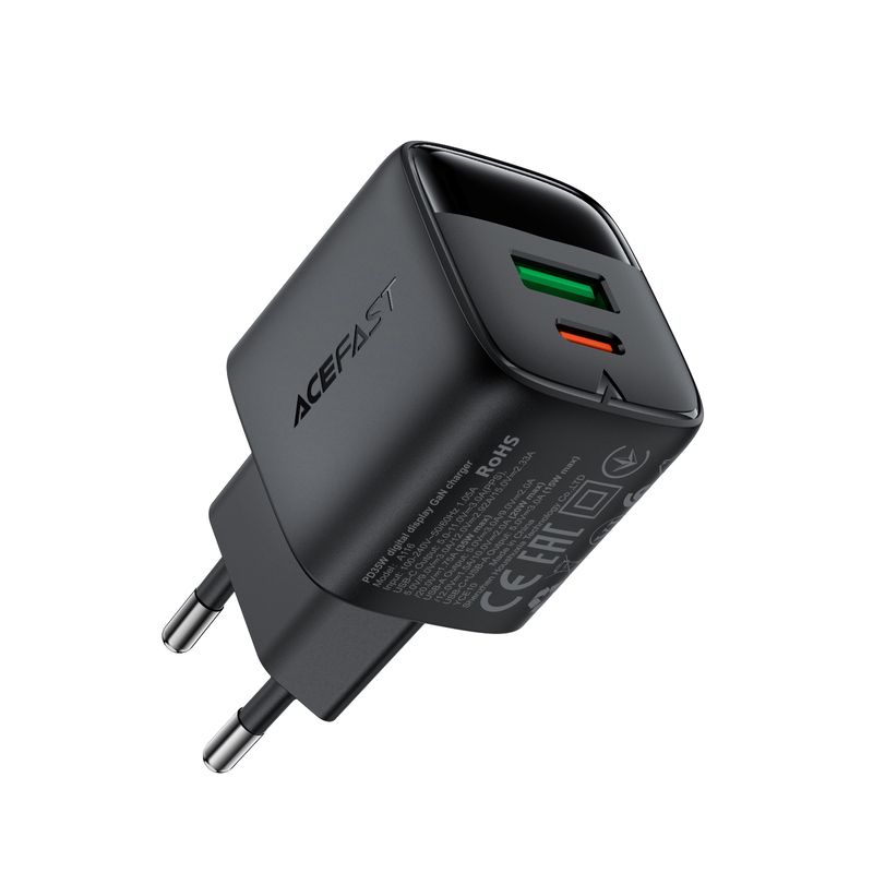 Мережевий зарядний пристрій ACEFAST A116 PD35W GaN charger (USB-A+USB-C) with digital display Black