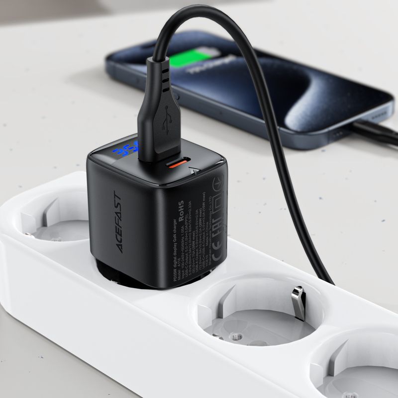 Мережевий зарядний пристрій ACEFAST A116 PD35W GaN charger (USB-A+USB-C) with digital display Black