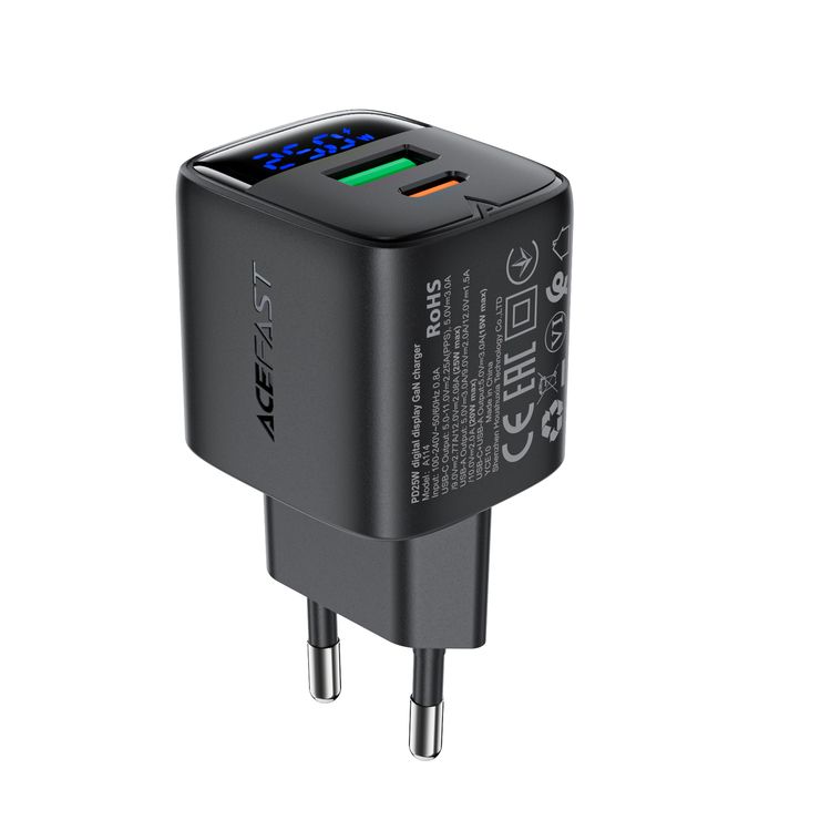 Мережевий зарядний пристрій ACEFAST A114 PD25W GaN charger (USB-A+USB-C) with digital display Black