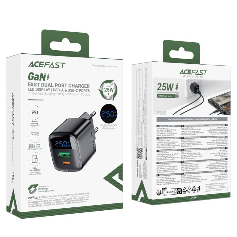 Мережевий зарядний пристрій ACEFAST A114 PD25W GaN charger (USB-A+USB-C) with digital display Black