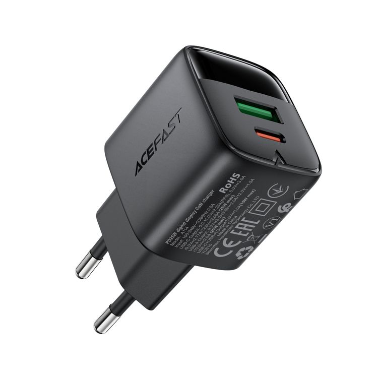 Мережевий зарядний пристрій ACEFAST A114 PD25W GaN charger (USB-A+USB-C) with digital display Black