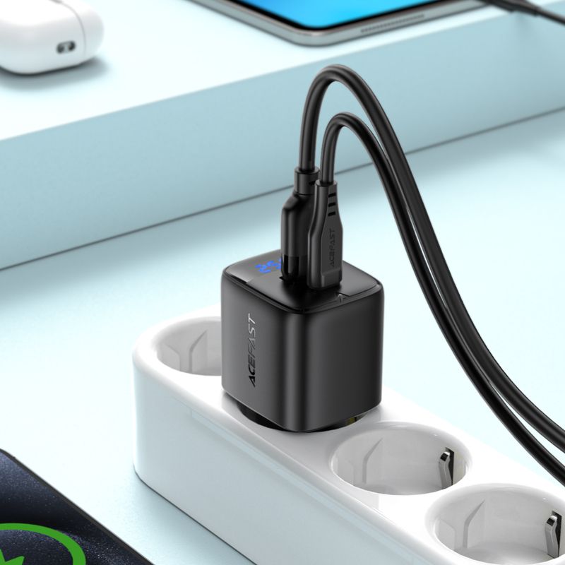 Мережевий зарядний пристрій ACEFAST A114 PD25W GaN charger (USB-A+USB-C) with digital display Black