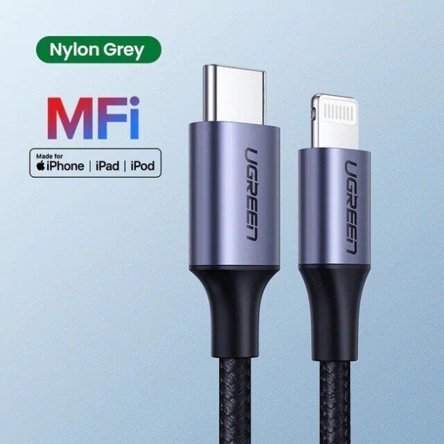 Кабель UGREEN US304 USB-C to Lightning M/M Cable Aluminum Shell Braided 2m (Black) (UGR-60761)