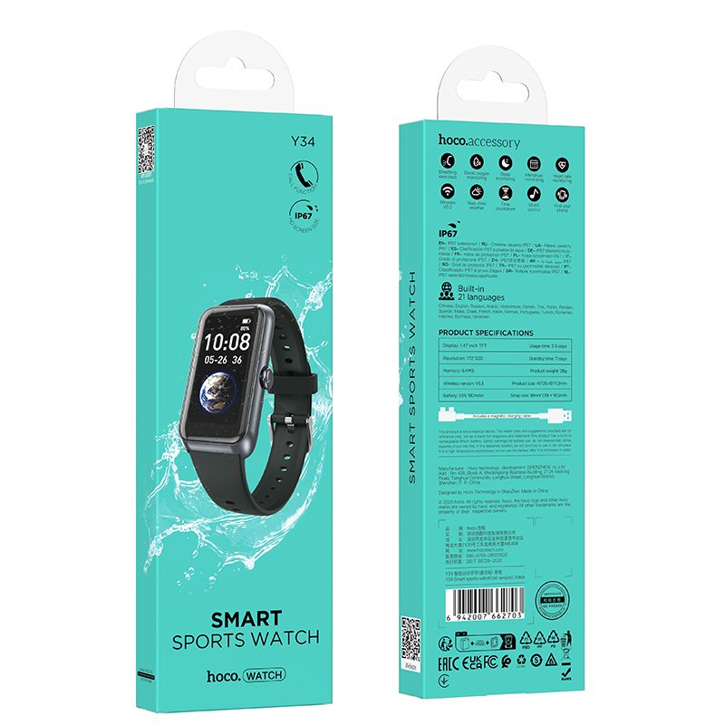 Смарт-годинник HOCO Y34  37mm. 180 mAh. IP67 Smart sports watch(call version) Black