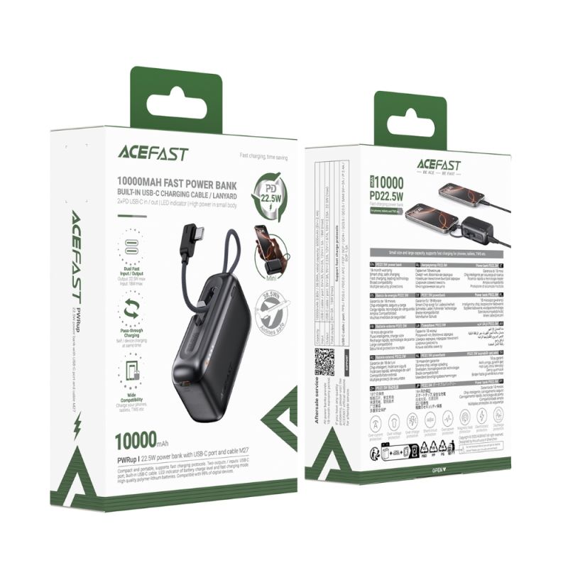 Зовнішній акумулятор ACEFAST M27-10000 22.5W power bank with USB-C port and cable Metal Gray