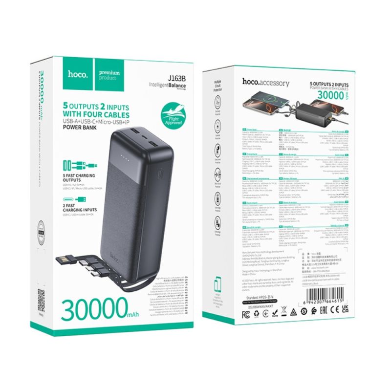 Зовнішній акумулятор HOCO J163B Wonderful power bank with 4 cables(30000mAh) Black