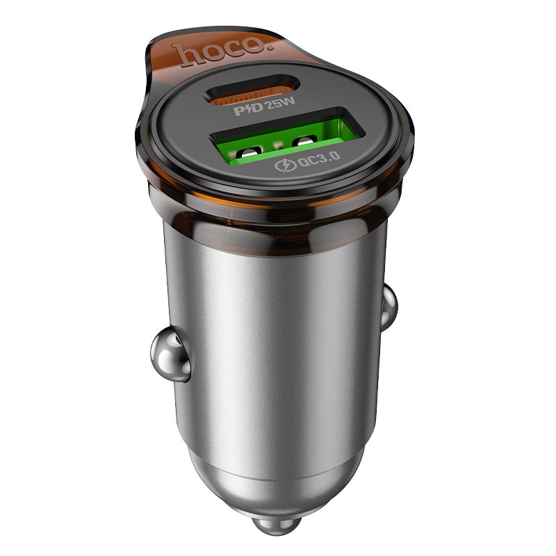 Автомобільний зарядний пристрій HOCO NZ16A Rigorous 43W dual port PD25W+QC3.0 car charger Metal Grey