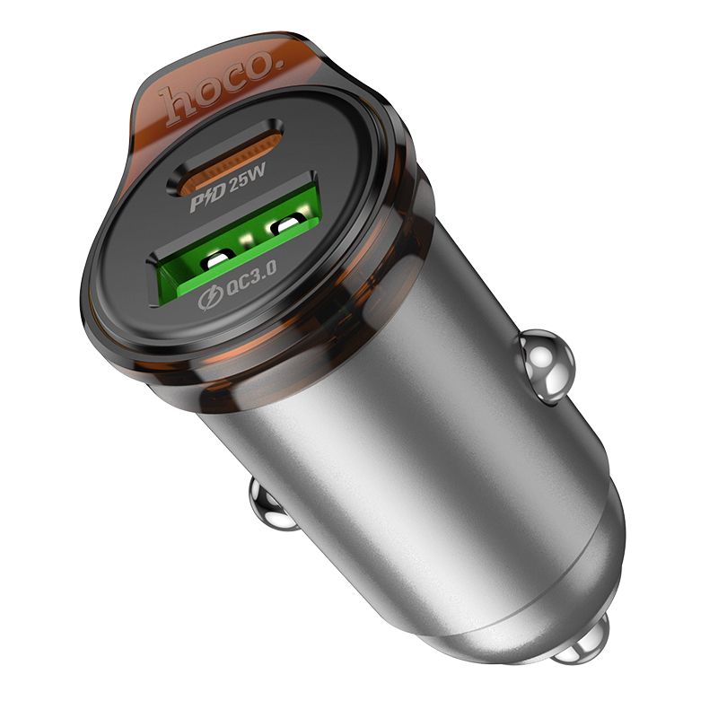 Автомобільний зарядний пристрій HOCO NZ16A Rigorous 43W dual port PD25W+QC3.0 car charger Metal Grey